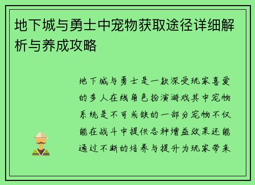 地下城与勇士中宠物获取途径详细解析与养成攻略